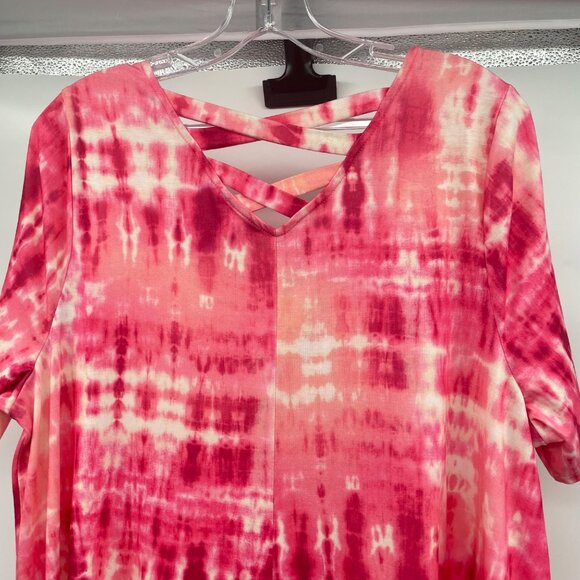 Catherines Tie Dye Midi Shift Dress Short Sleeve Lattice Back Pink/Multi Size 0X - Picture 6 of 8